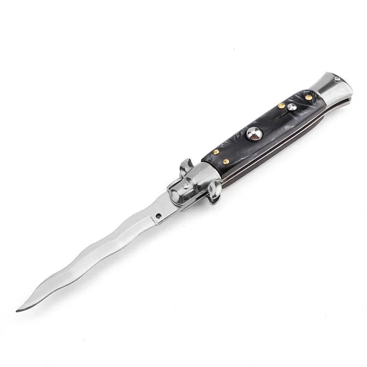 59f8f9c287c59f485c448fa77fac6ee9_副本-1.webp Couteau automatique italien – lame kris noire, manche blanc