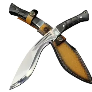 9Cr18Mov one-piece steel dog leg knife sheath with hand-embossed cowhide holster