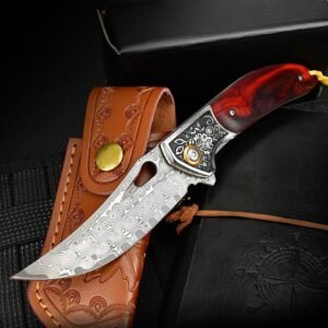 Sabertooth Tiger Damascus Folding Knife